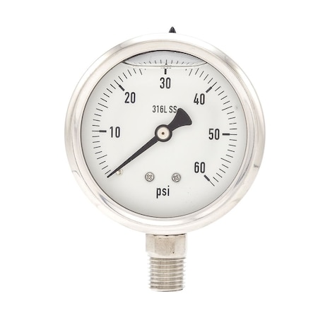 Pro 2 1/2 in Dial, 0/60 PSI, 1/4 in NPT, Lower Mount Glycerin Filled Pressure Gauge PRO-301L-254D